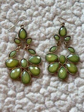 Green Statement Earrings Gold Tone Cluster Dangle Earrings Boho